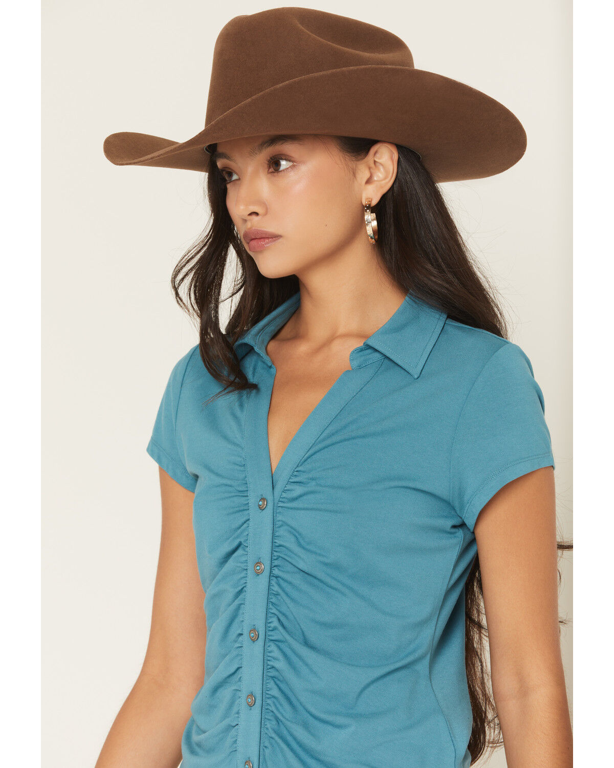 Image #2 - Shyanne Women's Ruched Short Sleeve Button-Down Shirt, Turquoise, hi-res