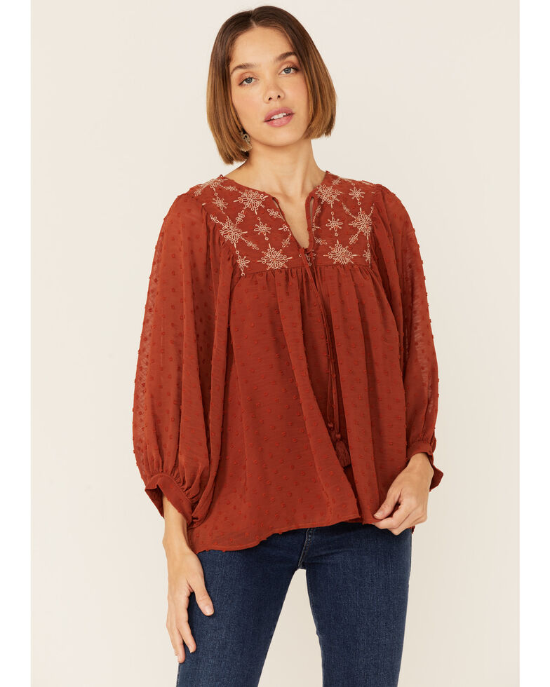 Flying Tomato Women's Rust Embroidered Long Sleeve Peasant Top, Rust Copper, hi-res