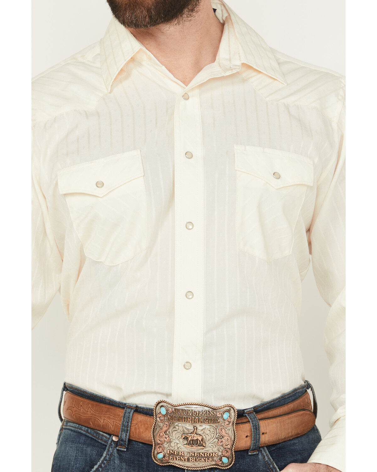 Image #3 - Wrangler Men's Tonal Long Sleeve Snap Western Shirt, Cream, hi-res