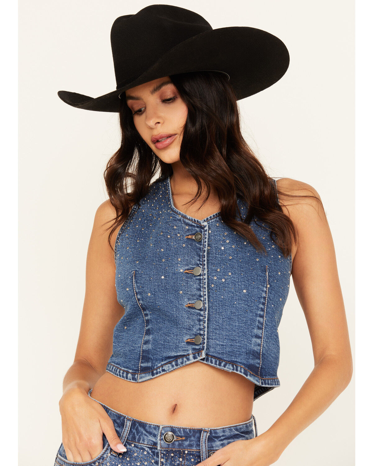 Image #1 - Rock & Roll Denim Women's Medium Wash Rhinestone Studded Vest, Medium Wash, hi-res