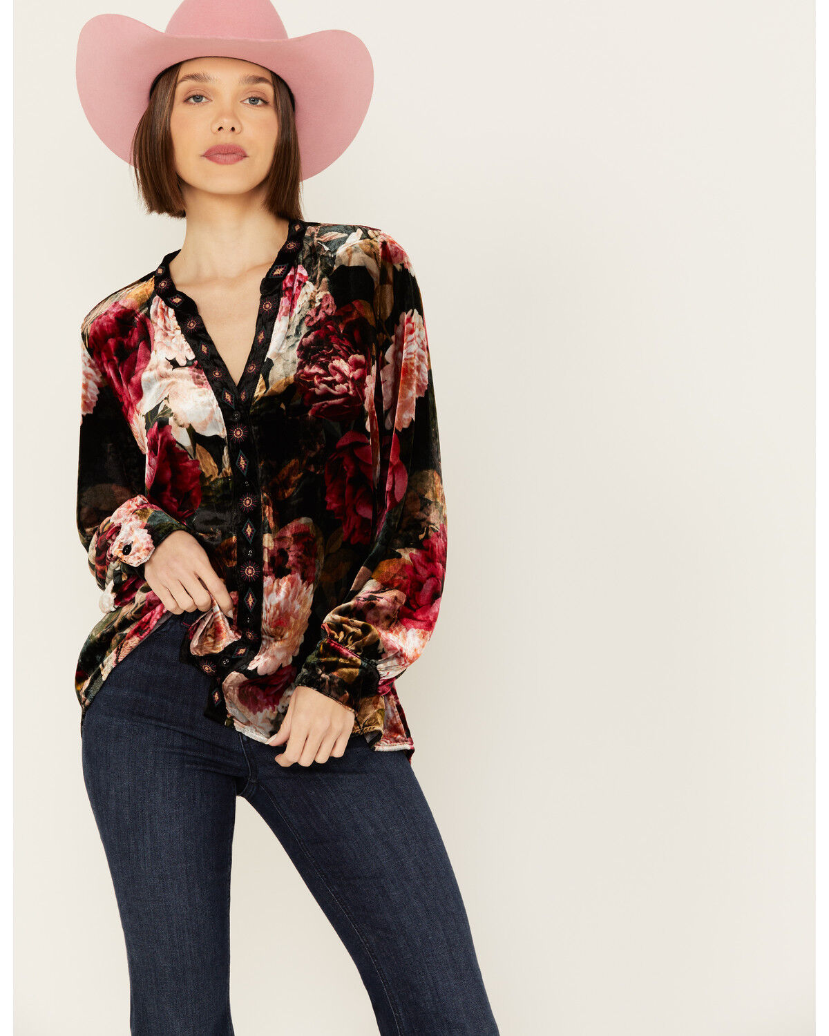 Image #1 - Johnny Was Women's Rose Floral Velvet Long Sleeve Shirt, Multi, hi-res