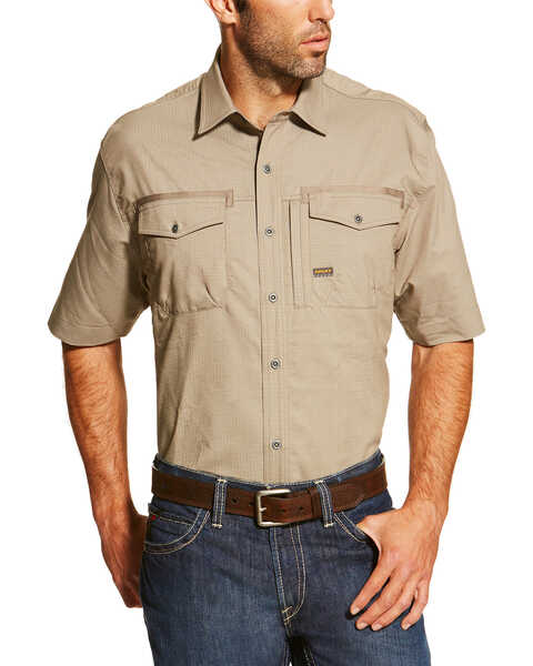 Ariat Men's Rebar Short Sleeve Button Down Work Shirt - Tall, Beige/khaki, hi-res