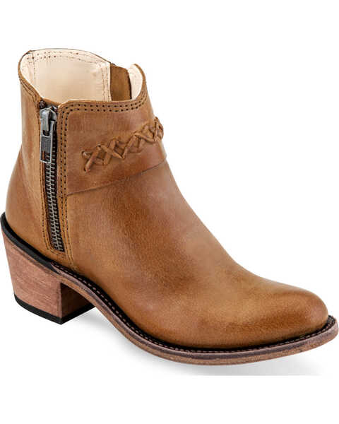 Image #1 - Old West Girls' Braided Stitch Short Boots - Round Toe , Tan, hi-res