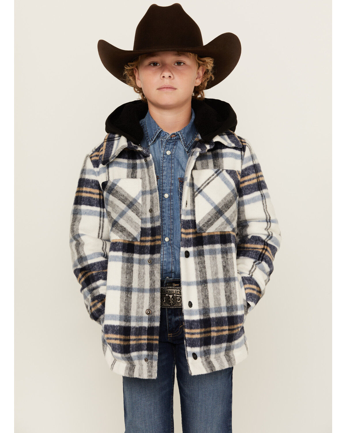 Image #1 - Urban Republic Little Boys' Plaid Print Sherpa Lined Hooded Shirt Jacket, White, hi-res