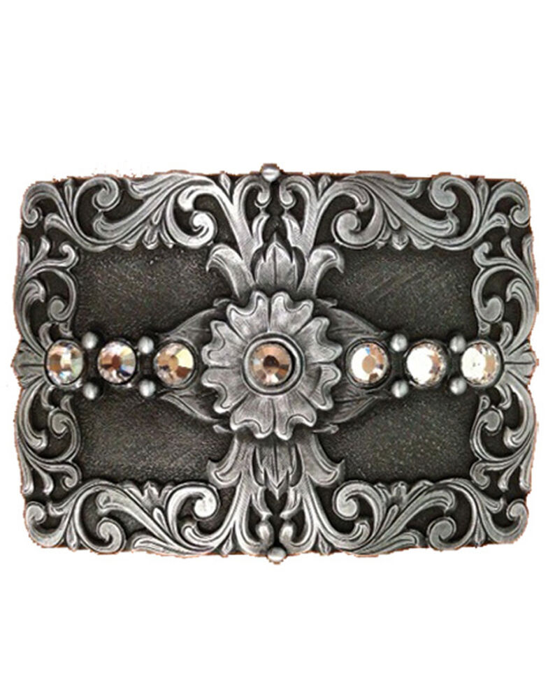 AndWest Women's Floral & Rhinestones Rectangle Belt Buckle, Silver, hi-res