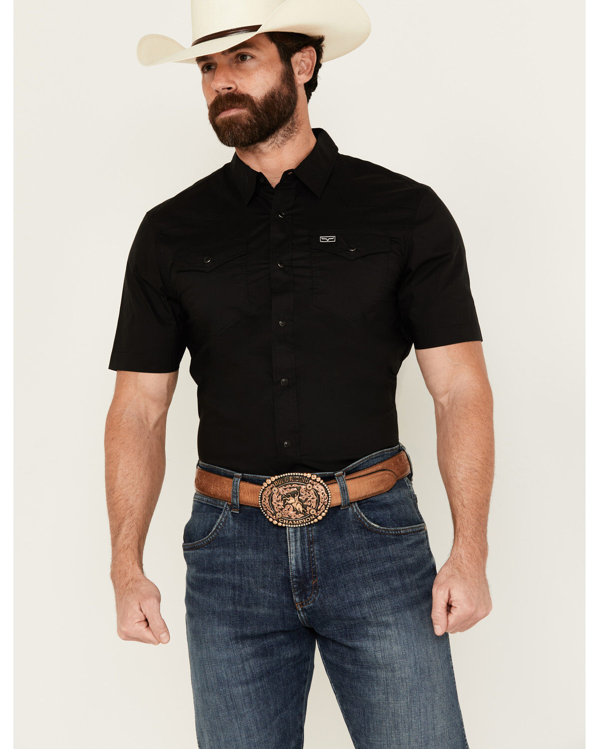Image #1 - Kimes Ranch Men's Rio Short Sleeve Pearl Snap Performance Shirt, Black, hi-res