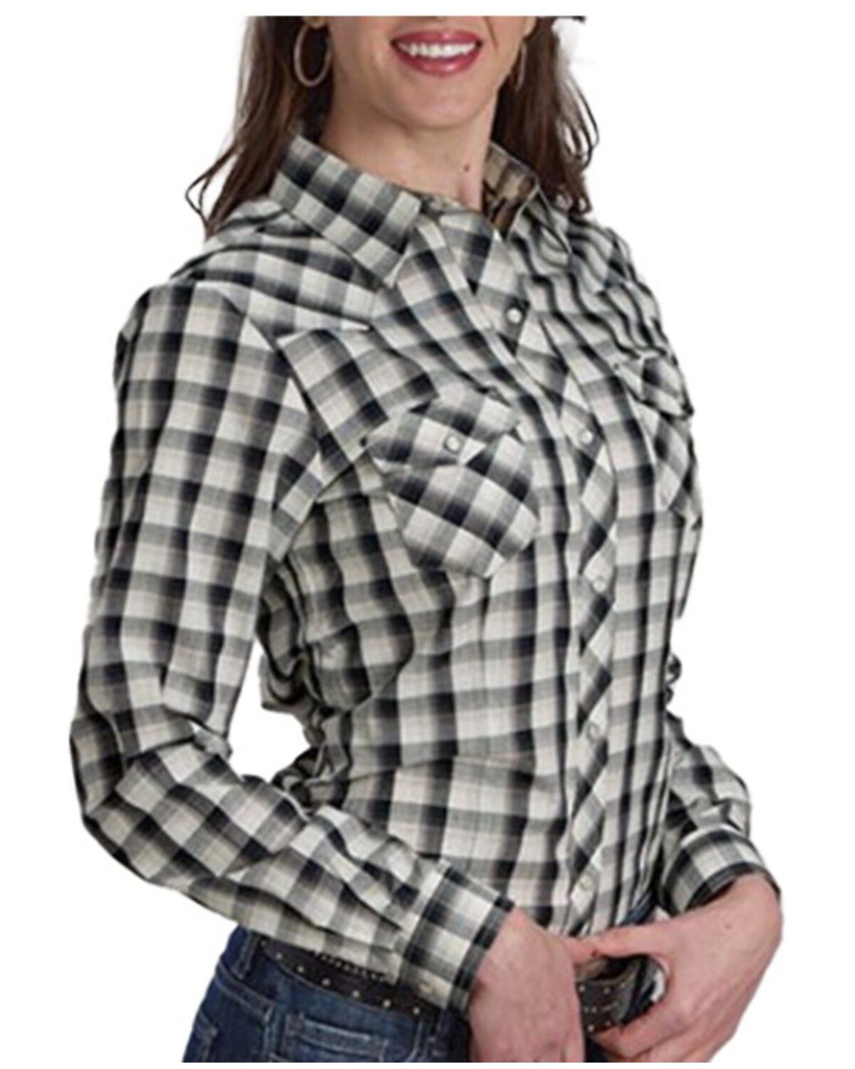 Image #1 - Roper Women's Plaid Print Long Sleeve Snap Western Shirt, Black, hi-res