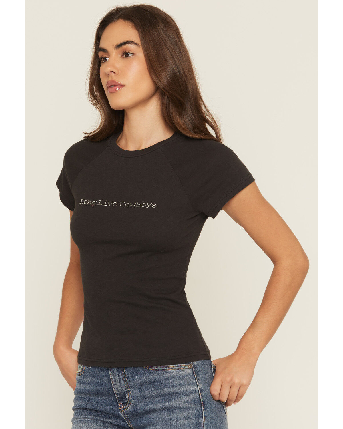 Image #2 - Wrangler Women's Long Live Cowboys Rhinestone Short Sleeve Tee, Black, hi-res