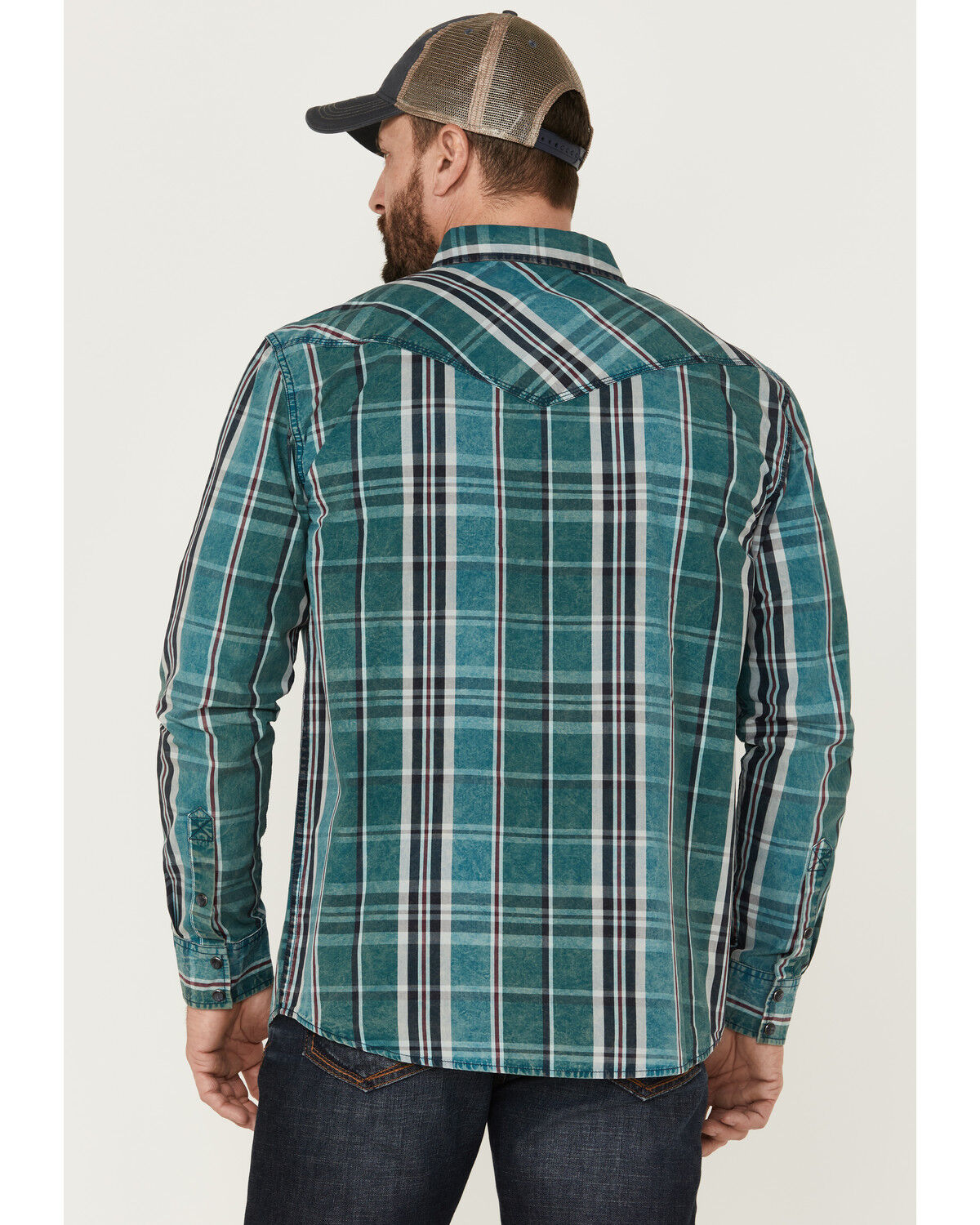 Image #4 - Moonshine Spirit Men's Marble Crackle Plaid Long Sleeve Snap Western Shirt, Navy, hi-res