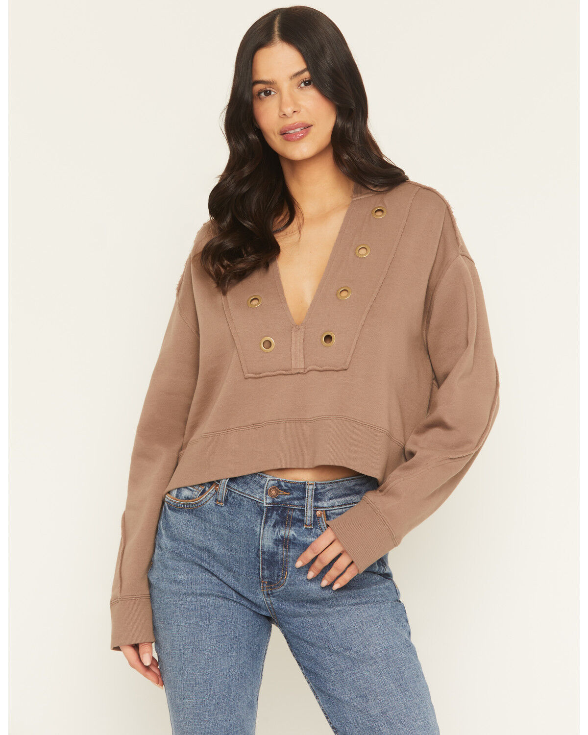Image #1 - Cleo + Wolf Women's Solid Grommet Cropped Hoodie, Taupe, hi-res