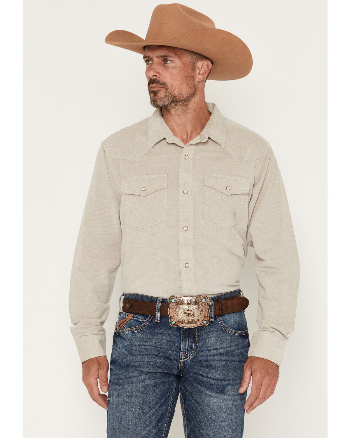 Ariat Men's Retro Handorh Solid Corduroy Long Sleeve Snap Western Shirt, Sand, hi-res