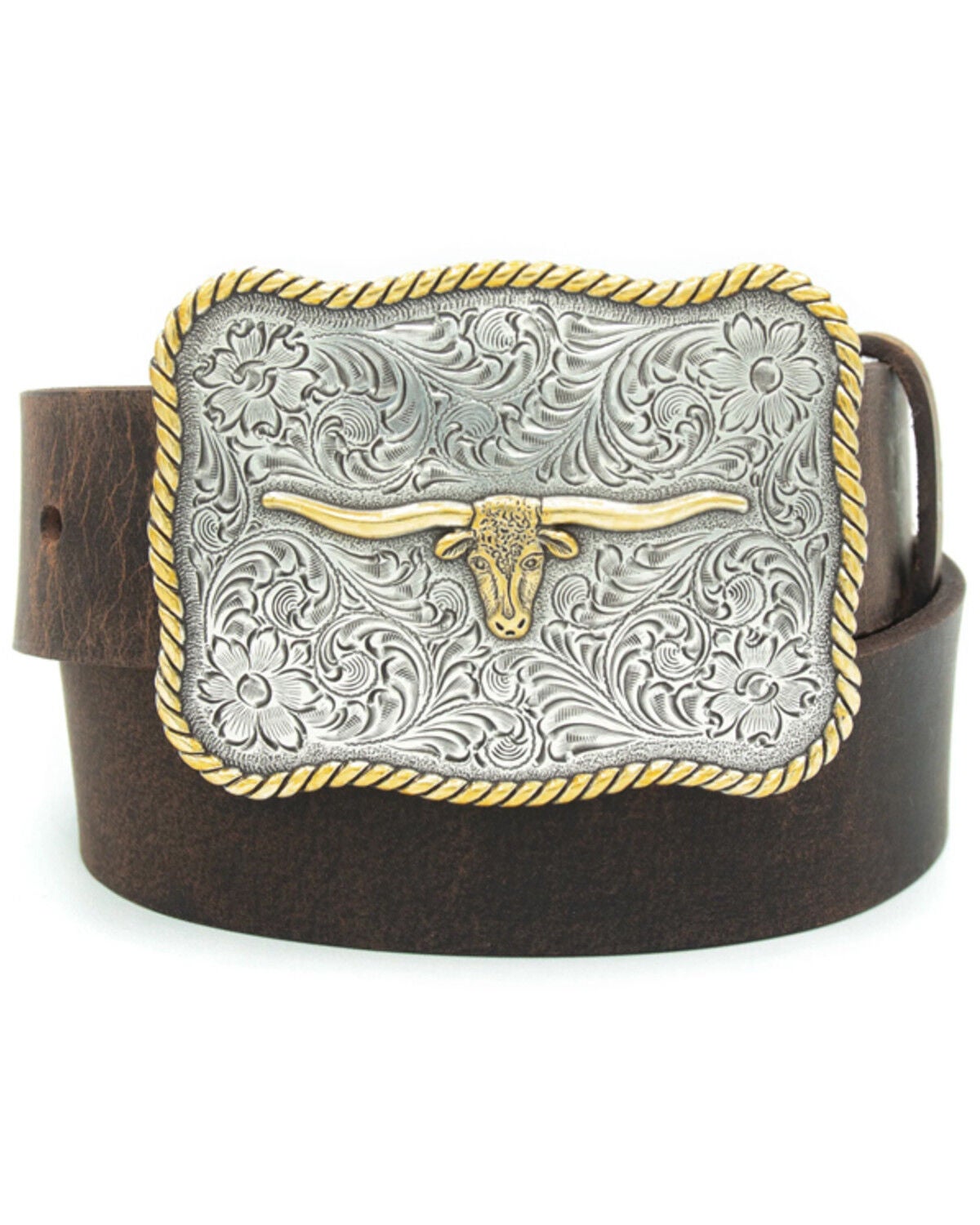 Cody James Boys' Scalloped Longhorn Buckle Belt, Brown, hi-res