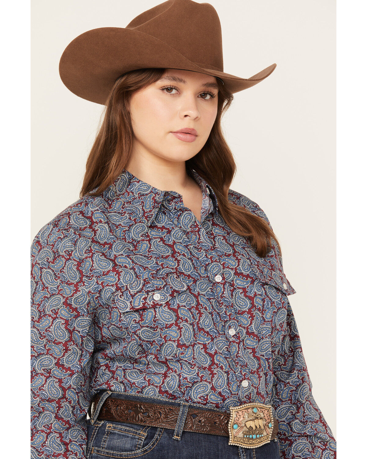 Image #2 - Roper Women's Paisley Print Long Sleeve Button Down Western Shirt - Plus, Wine, hi-res