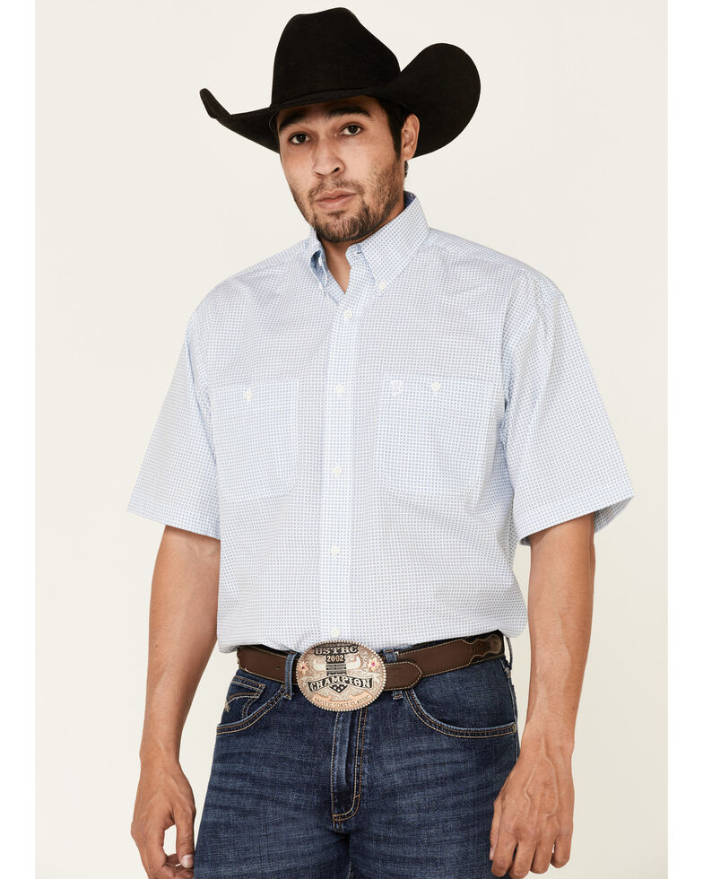 George Strait By Wrangler Men's Small Geo Print Long Sleeve Button-Front Western Shirt - Big, White, hi-res