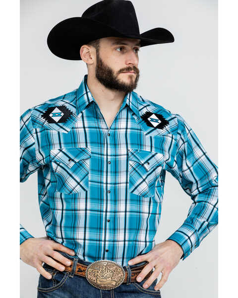 Image #1 - Ely Walker Men's Turquoise Retro Plaid Embroidered Long Sleeve Western Shirt , , hi-res