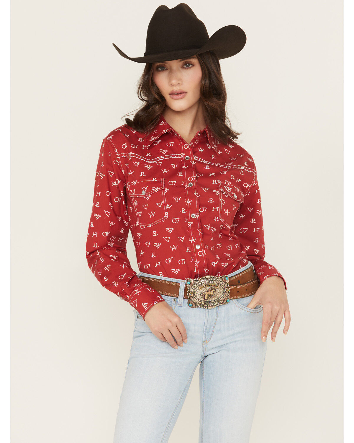 Image #1 - Cowgirl Hardware Women's Branding Print Long Sleeve Rhinestone Snap Stretch Western Shirt, Red, hi-res