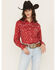 Image #1 - Cowgirl Hardware Women's Branding Print Long Sleeve Rhinestone Snap Stretch Western Shirt, Red, hi-res