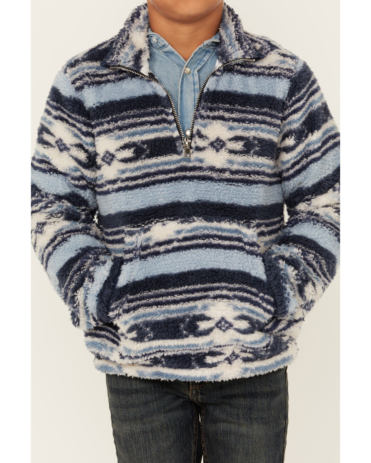 Image #3 - Rock & Roll Denim Boys' Southwestern Striped Fuzzy 1/4 Zip Pullover, Blue, hi-res