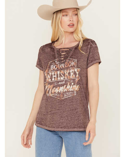 Image #1 - Blended Women's Whiskey Lace-Up Graphic Tee, Burgundy, hi-res