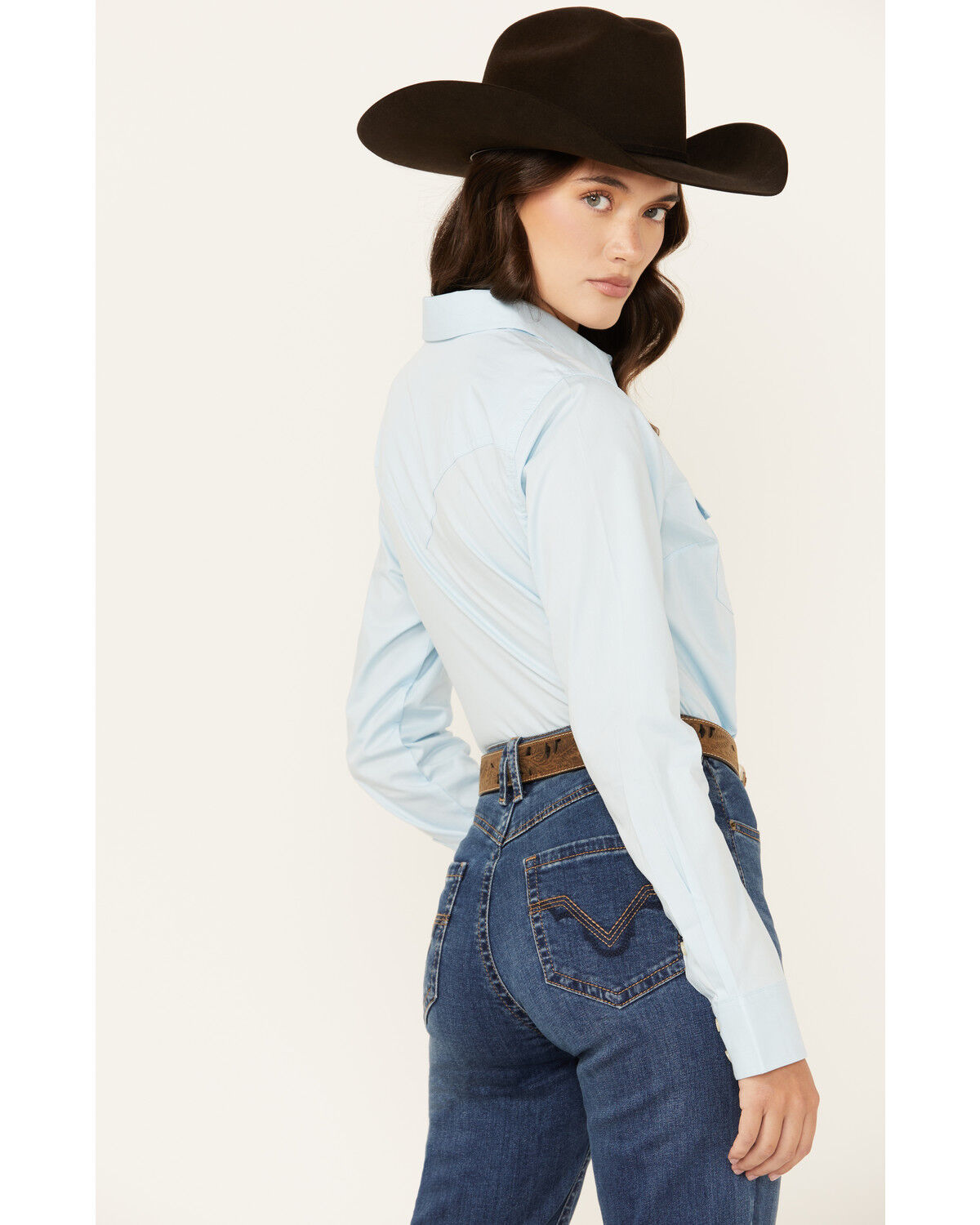 Image #4 - Wrangler Retro Women's Solid Long Sleeve Button-Down Stretch Western Shirt, Light Blue, hi-res