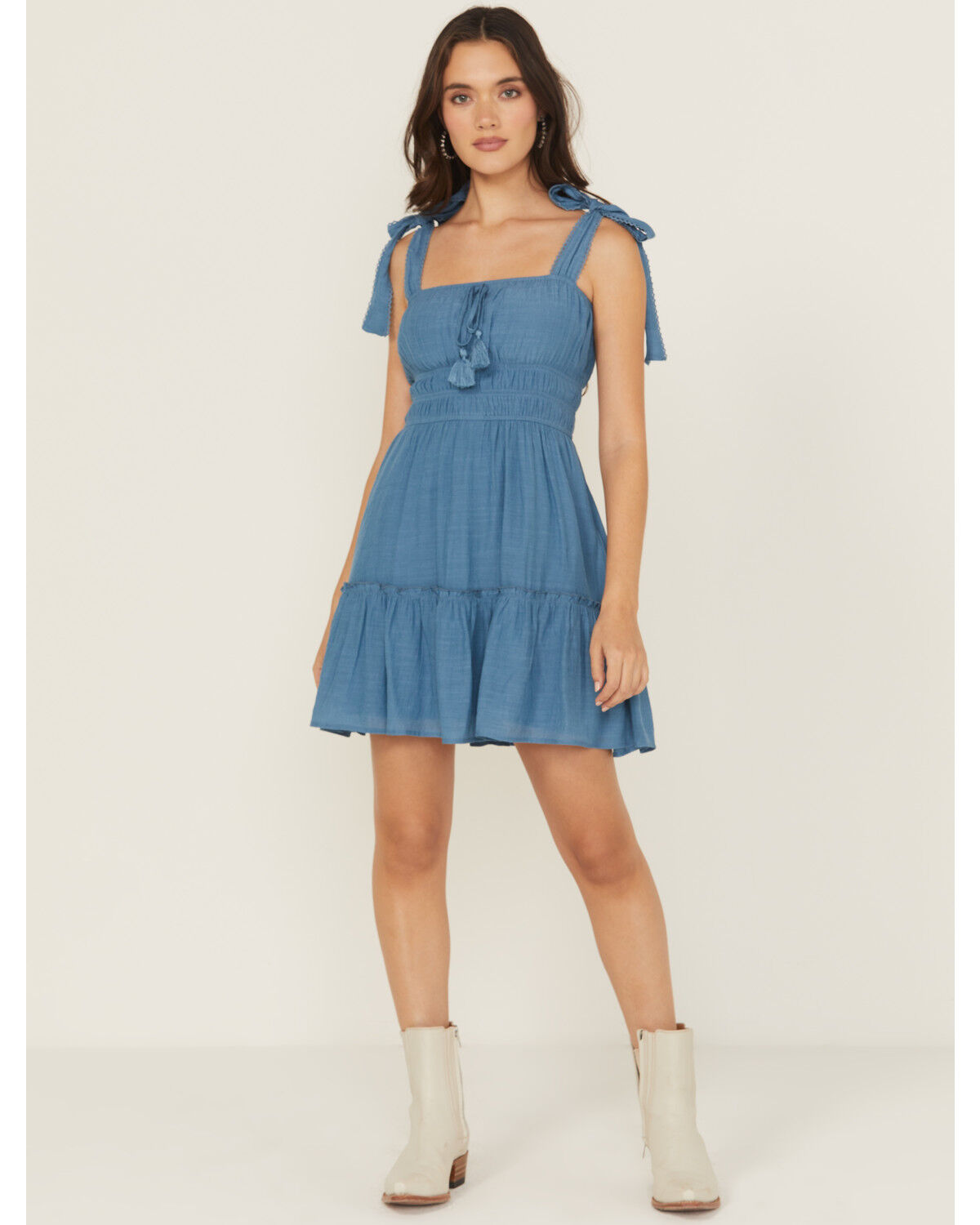 Image #1 - Ash & Violet Women's Solid Bow Strap Mini Dress, Blue, hi-res