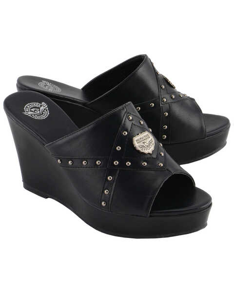Image #10 - Milwaukee Leather Women's Crossover Open Toe Wedge Sandals, Black, hi-res