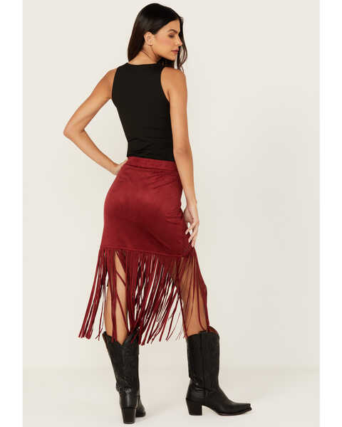 Image #3 - Idyllwind Women's Shiloh Faux Suede Asymmetrical Fringe Skirt , Dark Red, hi-res