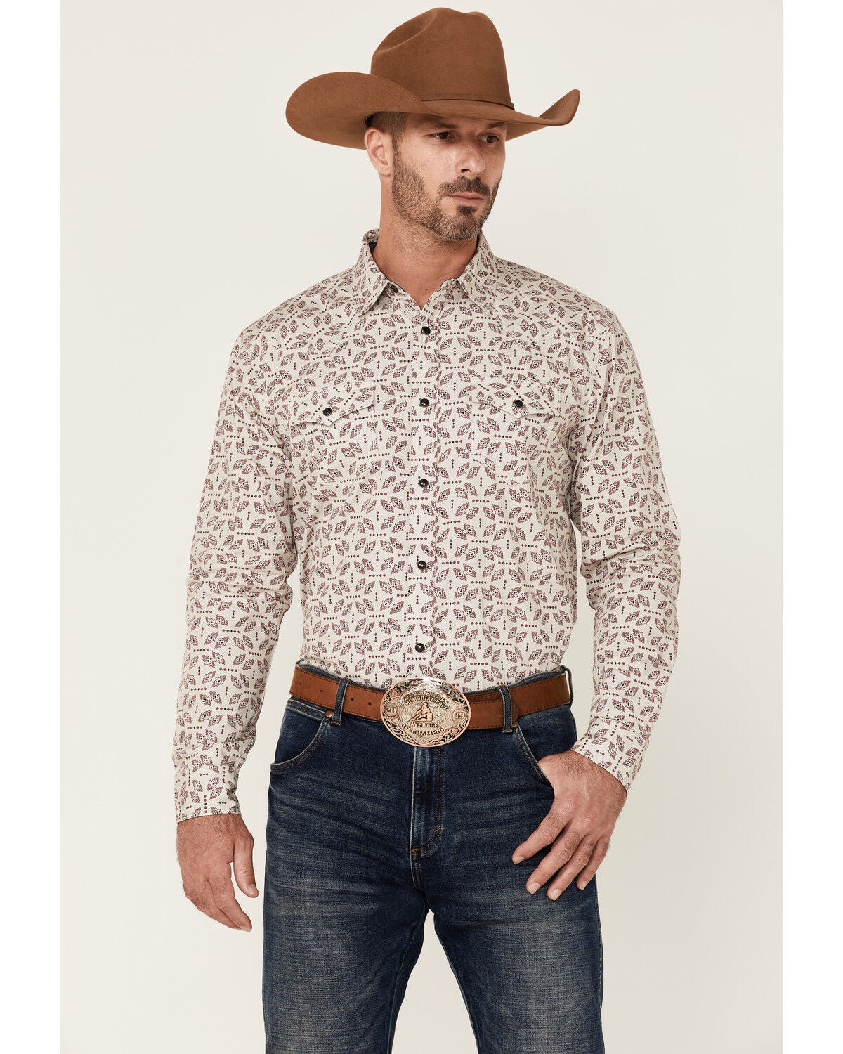 Moonshine Spirit&reg; Men's Sundial Southwestern Geo Print Long Sleeve Snap Western Shirt, Ivory, hi-res