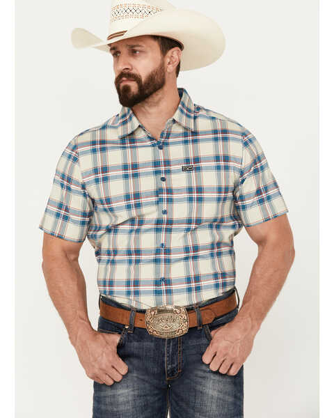 Image #1 - Kimes Ranch Men's Four Stroke Plaid Print Short Sleeve Button Down Shirt, Blue, hi-res