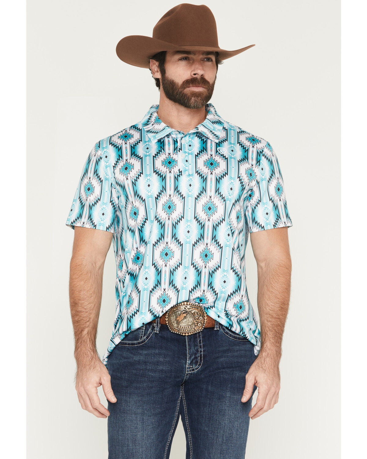 Image #1 - Rock & Roll Denim Men's Dale Brisby Southwestern Print Short Sleeve Button-Down Polo, Turquoise, hi-res