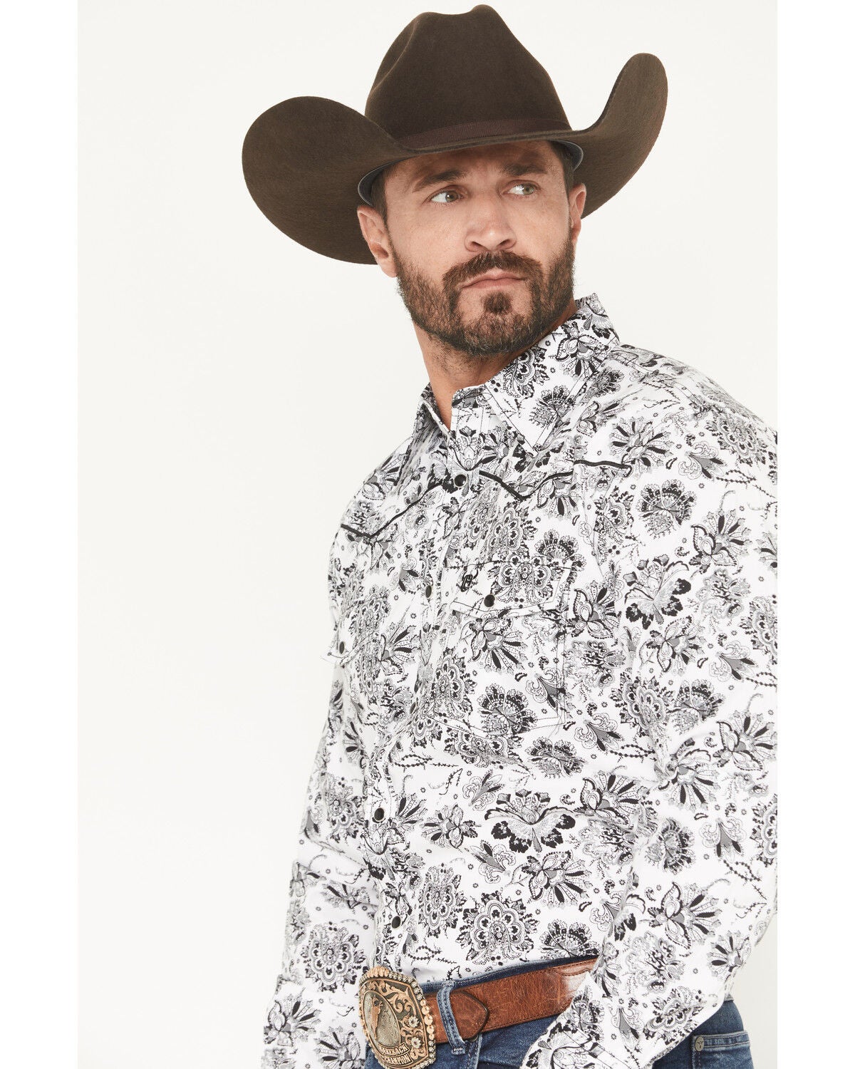 Image #2 - Cowboy Hardware Men's Peacock Paisley Print Long Sleeve Snap Stretch Western Shirt, White, hi-res