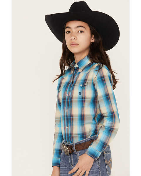 Image #2 - Roper Girls' Plaid Print Long Sleeve Pearl Snap Western Shirt, Blue, hi-res