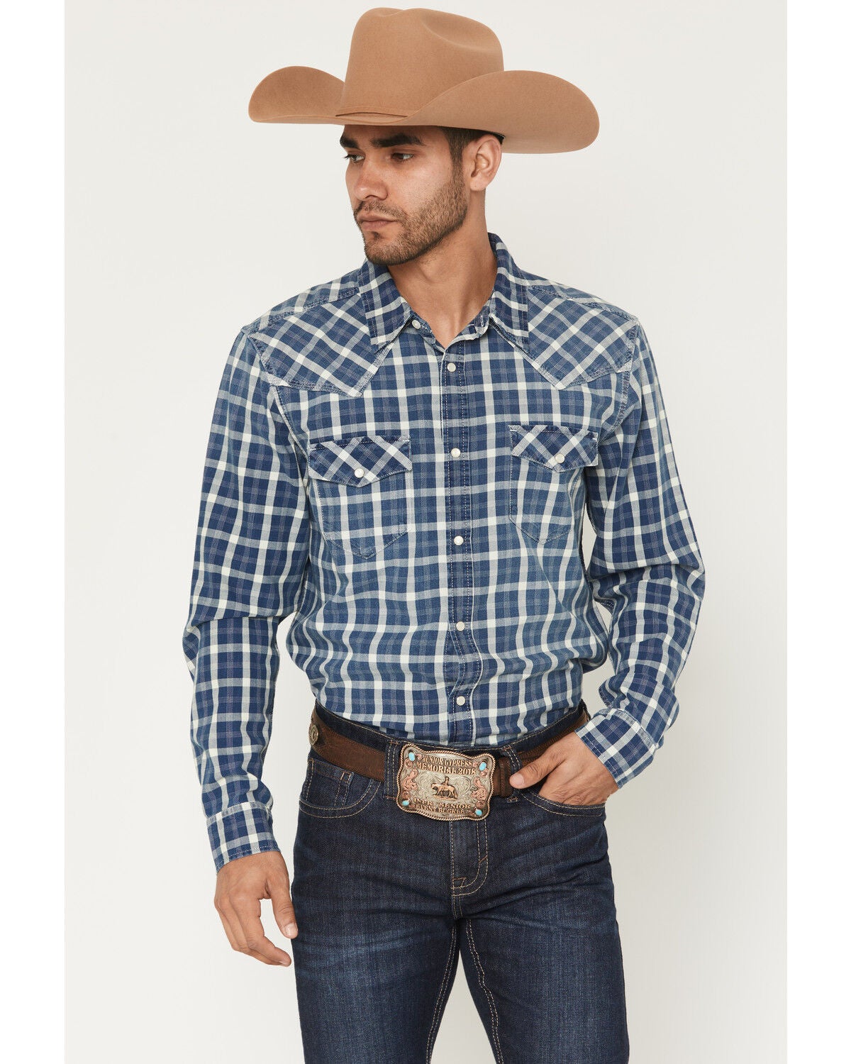 Product Name: Cody James Men's Conaway Denim Plaid Print Long Sleeve Snap Western Shirt