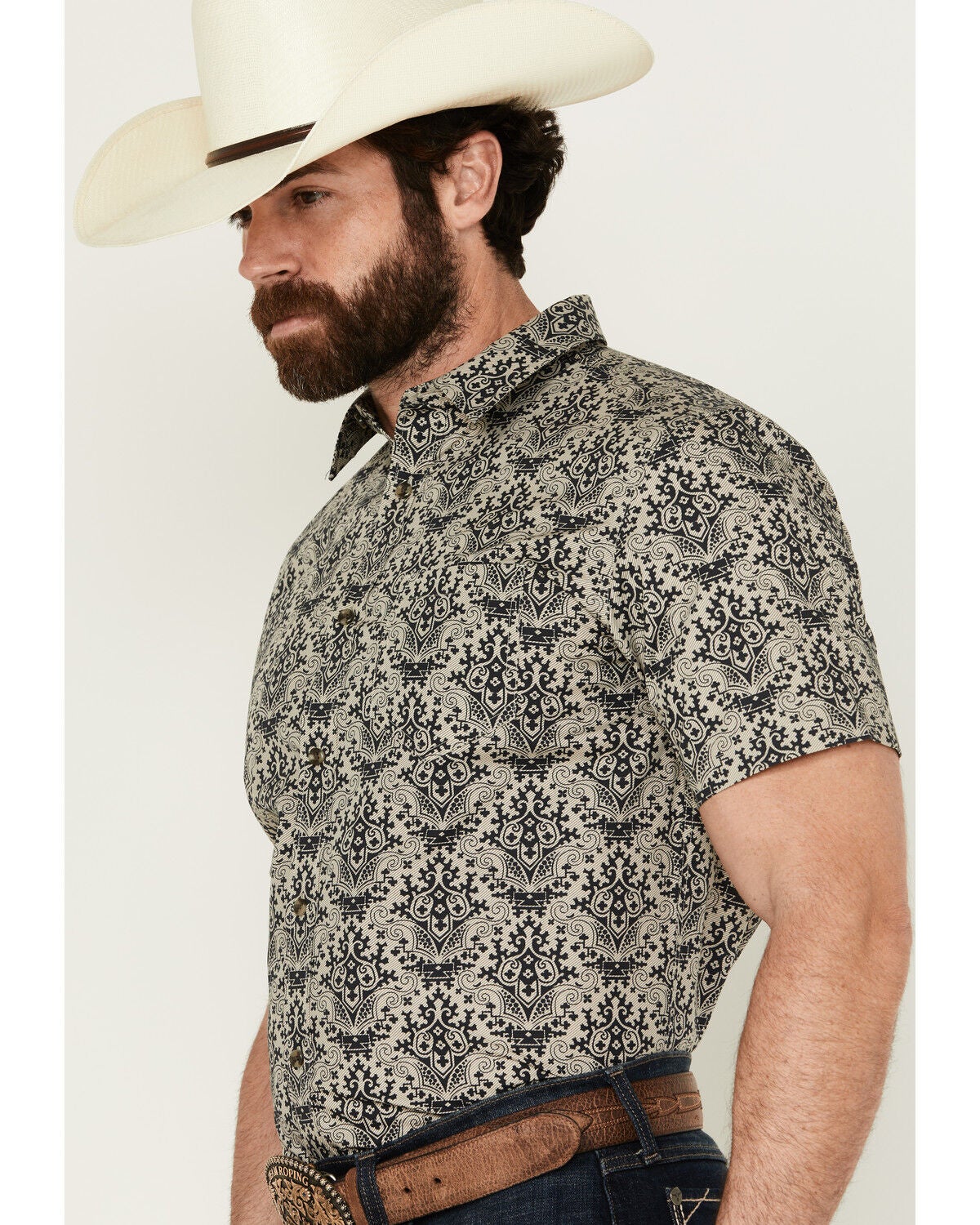Image #2 - Gibson Men's Queen of Spades Medallion Print Short Sleeve Button-Down Western Shirt, Tan, hi-res