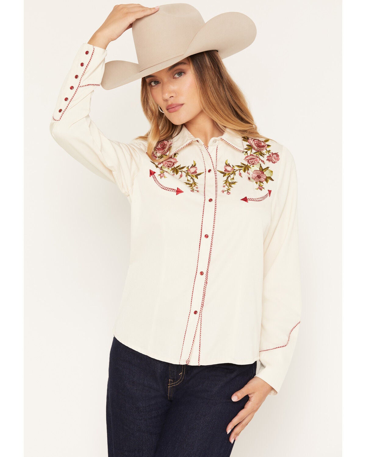 Image #1 - Scully Women's Rose Embroidered Long Sleeve Pearl Snap Western Shirt, Cream, hi-res