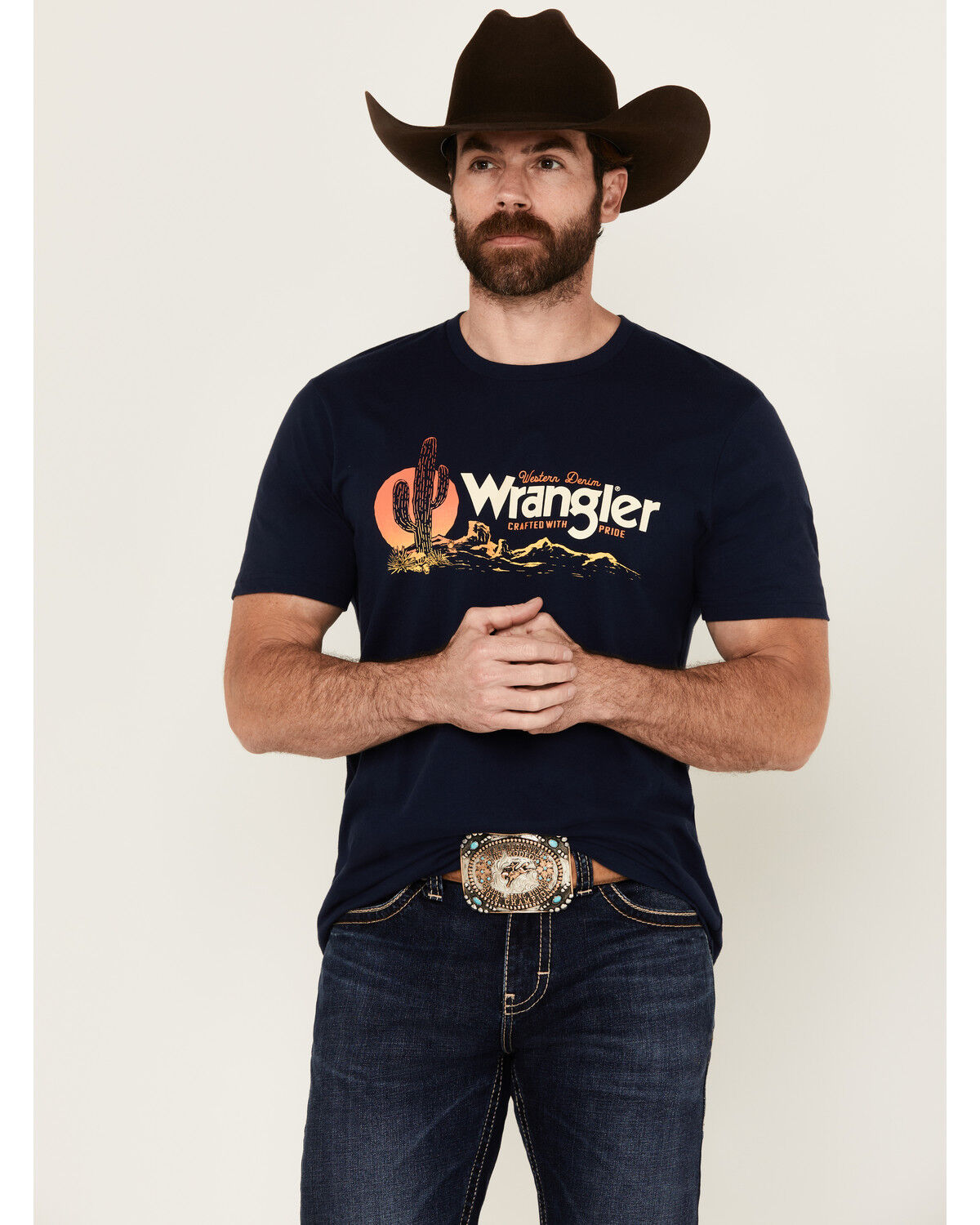 Image #1 - Wrangler Men's Boot Barn Exclusive Scenic Logo Short Sleeve Graphic T-Shirt, Navy, hi-res