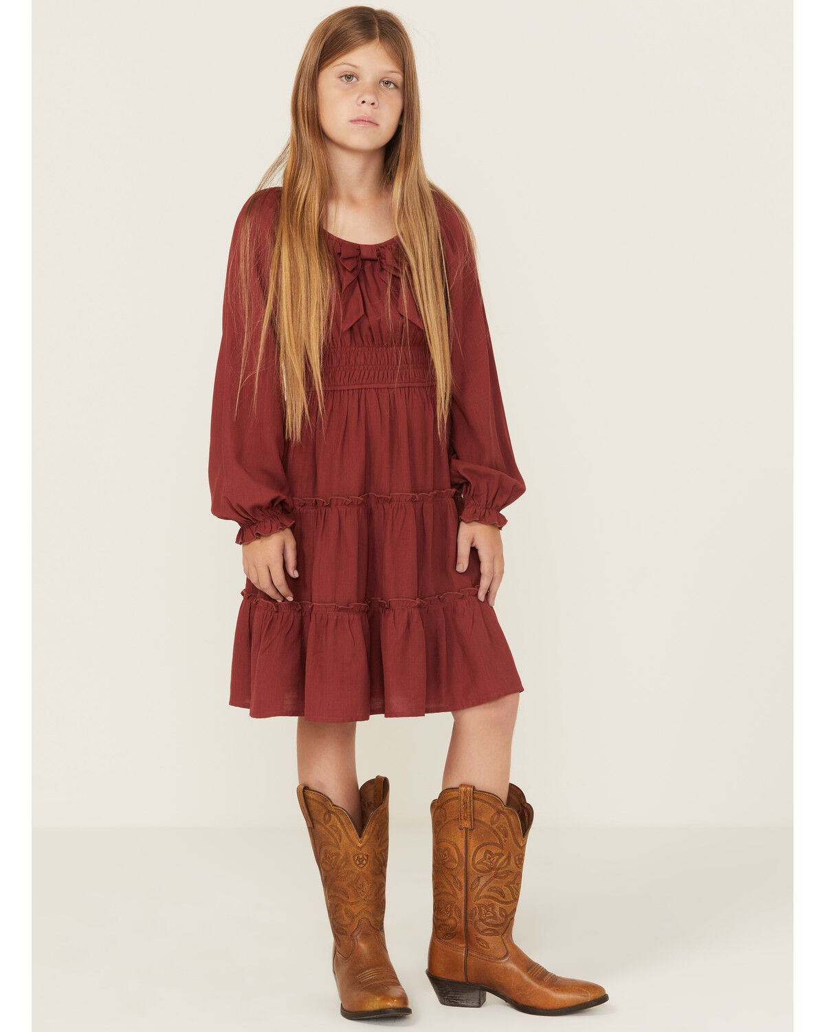 Image #1 - Shyanne Girls' Baby Down Bow Long Sleeve Mini Dress, Red, hi-res
