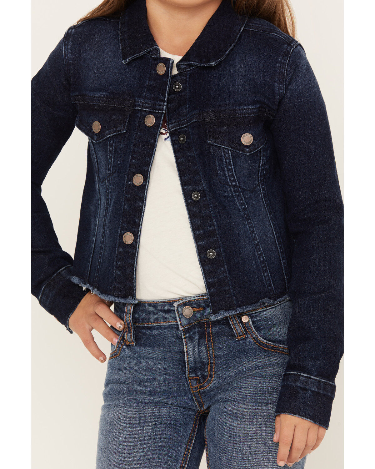 Image #3 - Shyanne Girls' Kent Dark Wash Frayed Denim Jacket, Dark Wash, hi-res