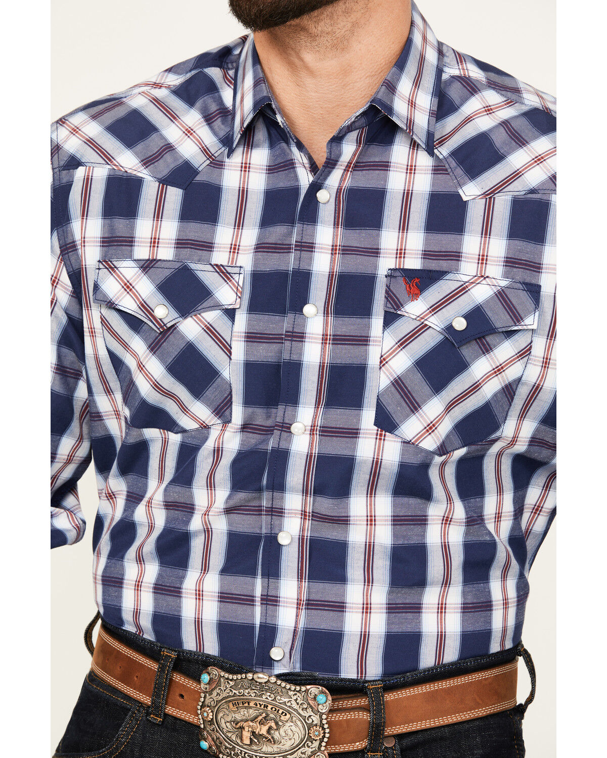 Image #3 - Rodeo Clothing Men's Plaid Print Long Sleeve Pearl Snap Western Shirt, Navy, hi-res