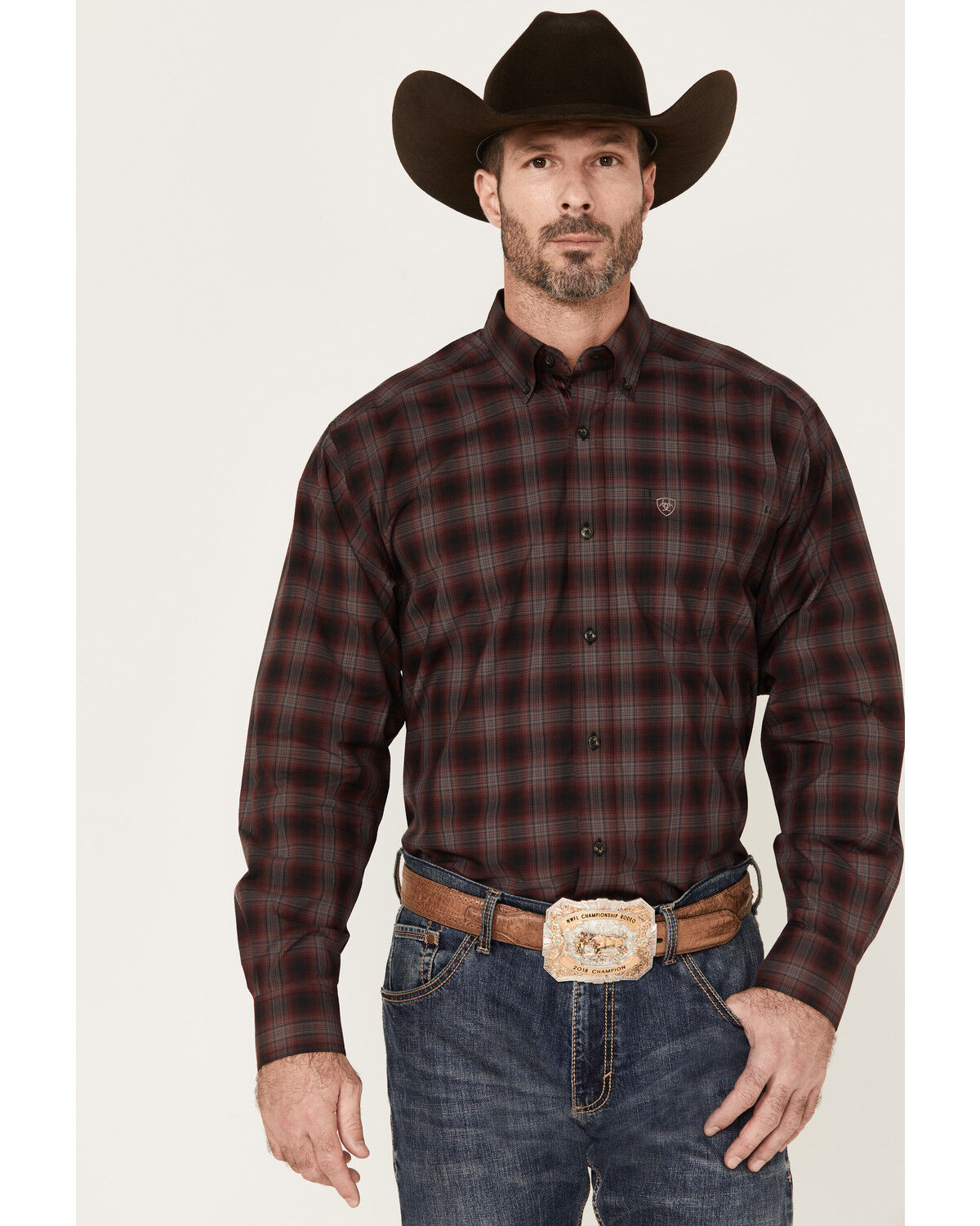 Image #1 - Ariat Men's Pro Series William Stretch Classic Fit Long Sleeve Button Down Shirt, Wine, hi-res