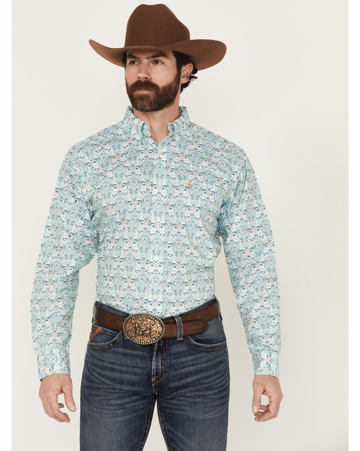 Ariat Men's Jerome Paisley Print Long Sleeve Button-Down Western Shirt, Teal, hi-res
