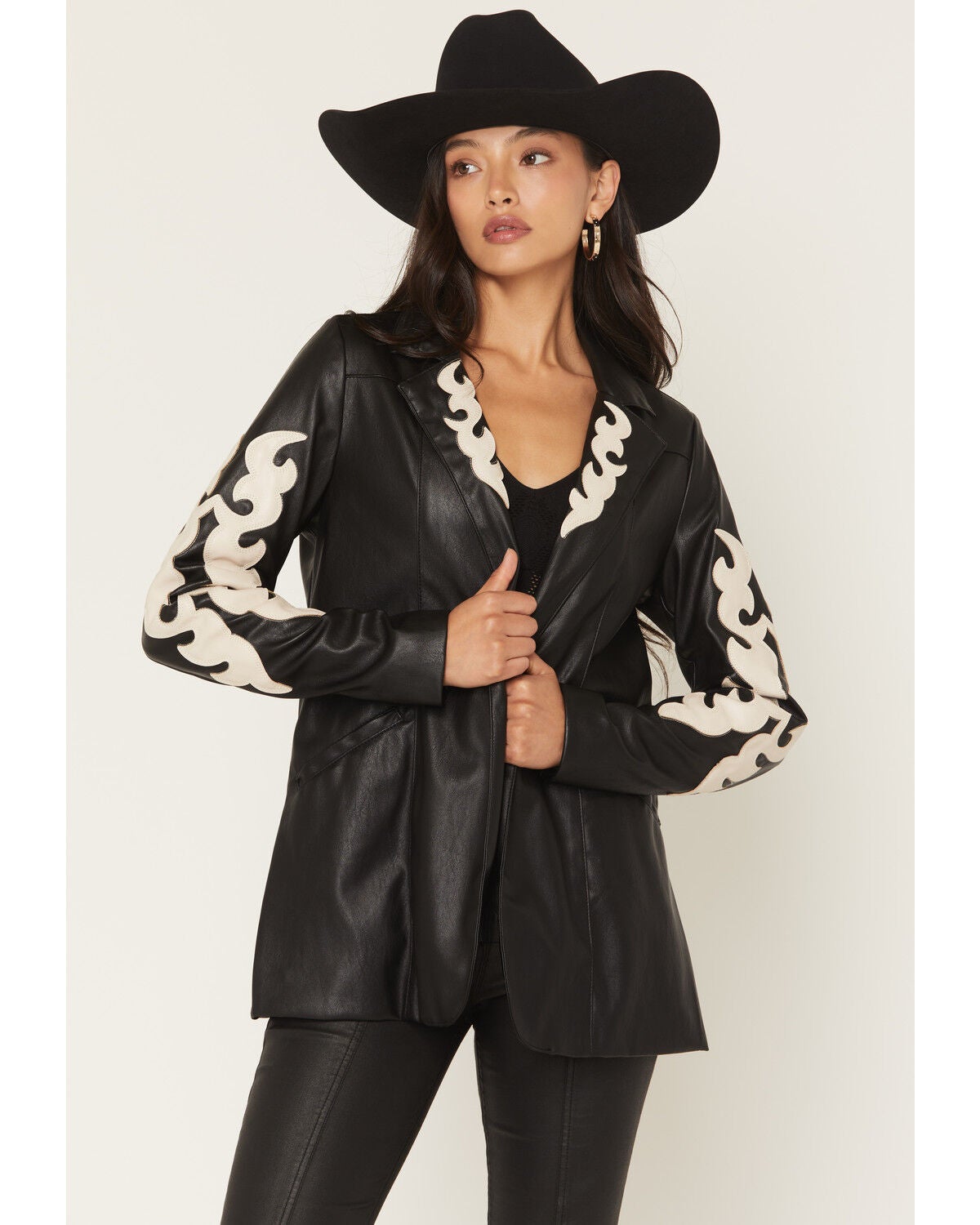 Rock & Roll Denim Women's Two Tone Western Pleather Blazer, Black, hi-res