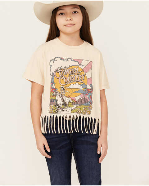 Image #1 - American Highway Girls' Cowgirl Country Short Sleeve Fringe Graphic Tee, Cream, hi-res