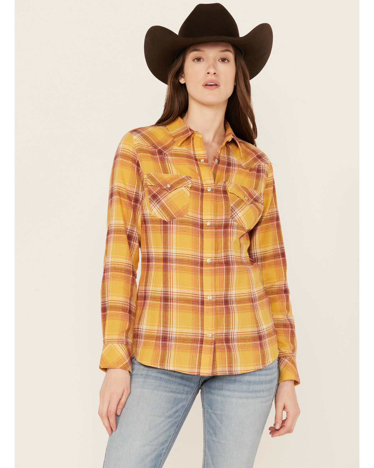 Image #1 - Wrangler Retro Women's Boot Barn Exclusive Long Sleeve Snap Flannel Shirt, Mustard, hi-res