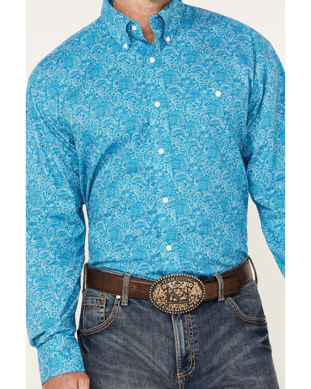 Image #3 - George Strait by Wrangler Men's Paisley Print Long Sleeve Button-Down Stretch Western Shirt, Turquoise, hi-res