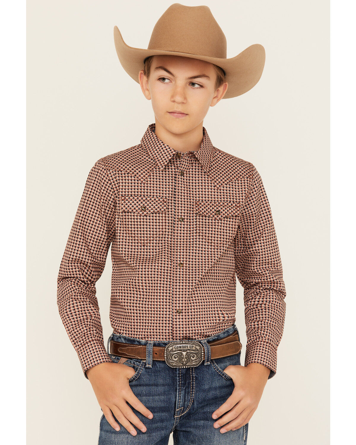 Image #1 - Cody James Boys' Ramon Plaid Print Long Sleeve Snap Western Shirt, Brown, hi-res