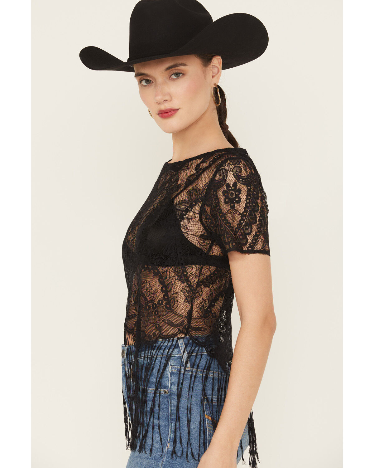 Image #2 - Idyllwind Women's Lace Fringe Short Sleeve Shirt, Black, hi-res