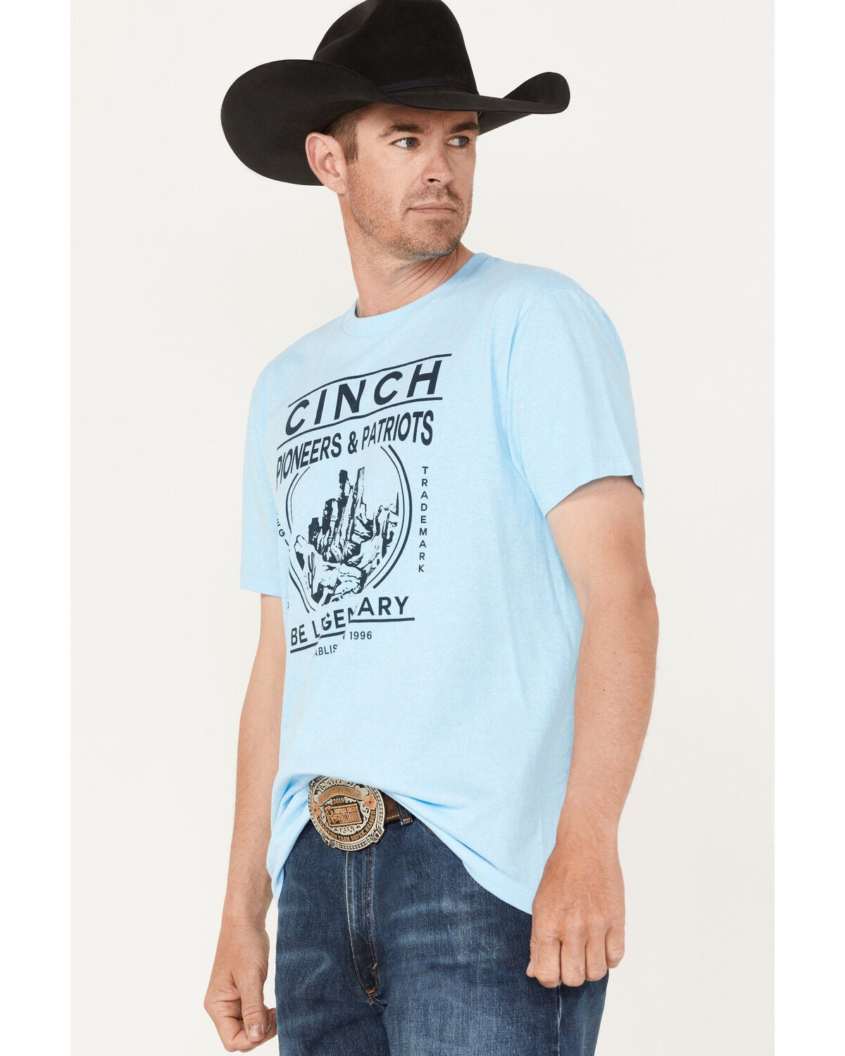 Image #2 - Cinch Men's Pioneers & Patriots Scenic Graphic Short Sleeve T-Shirt, Heather Blue, hi-res