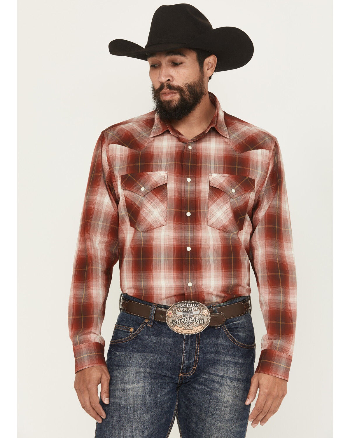 Pendleton Men's Frontier Plaid Print Long Sleeve Snap Western Shirt, Brick Red, hi-res