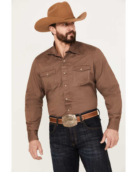 Wrangler Retro Men's Premium Solid Long Sleeve Snap Western Shirt - Tall , Brown, hi-res